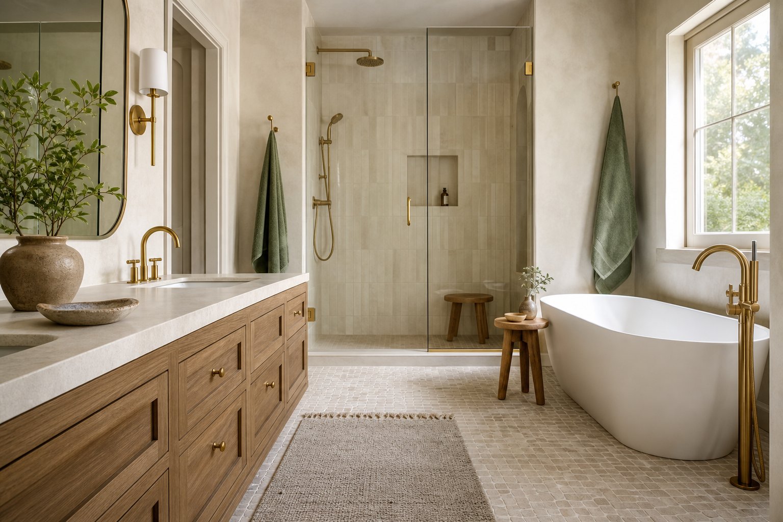 Warm oak and textured tile details in a renovated home