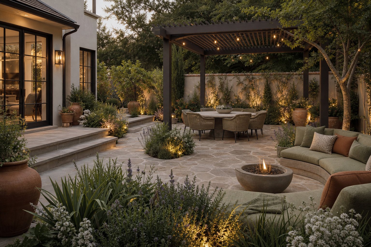 Elegant garden terrace with warm outdoor lighting
