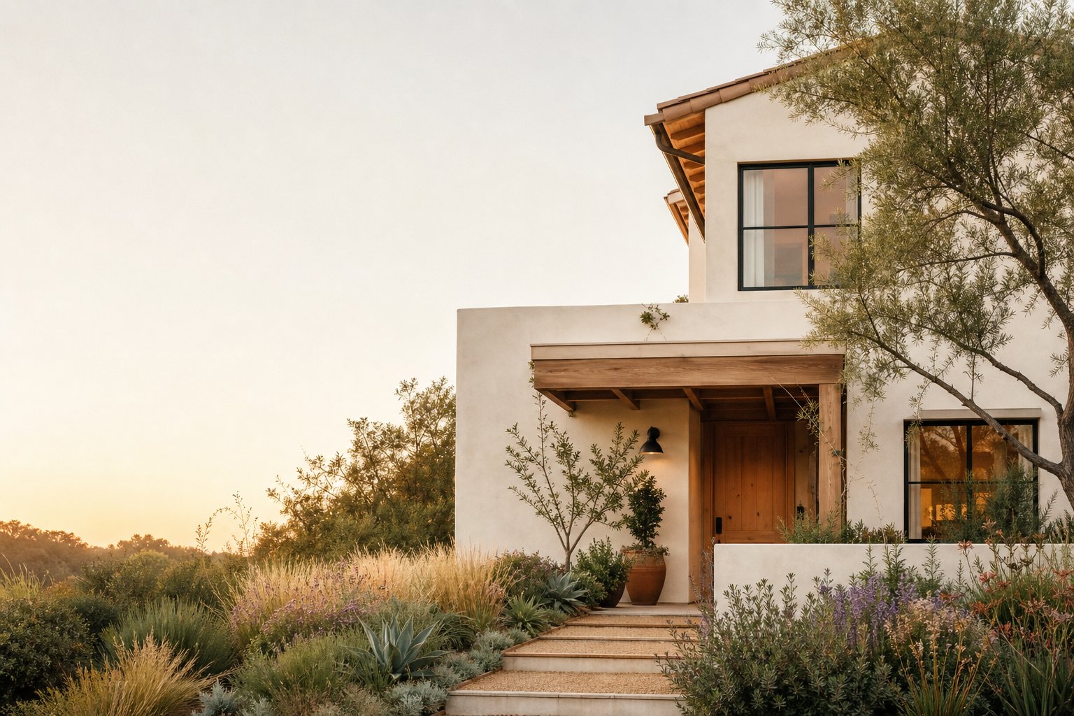 Warm modern home with a welcoming garden at golden hour