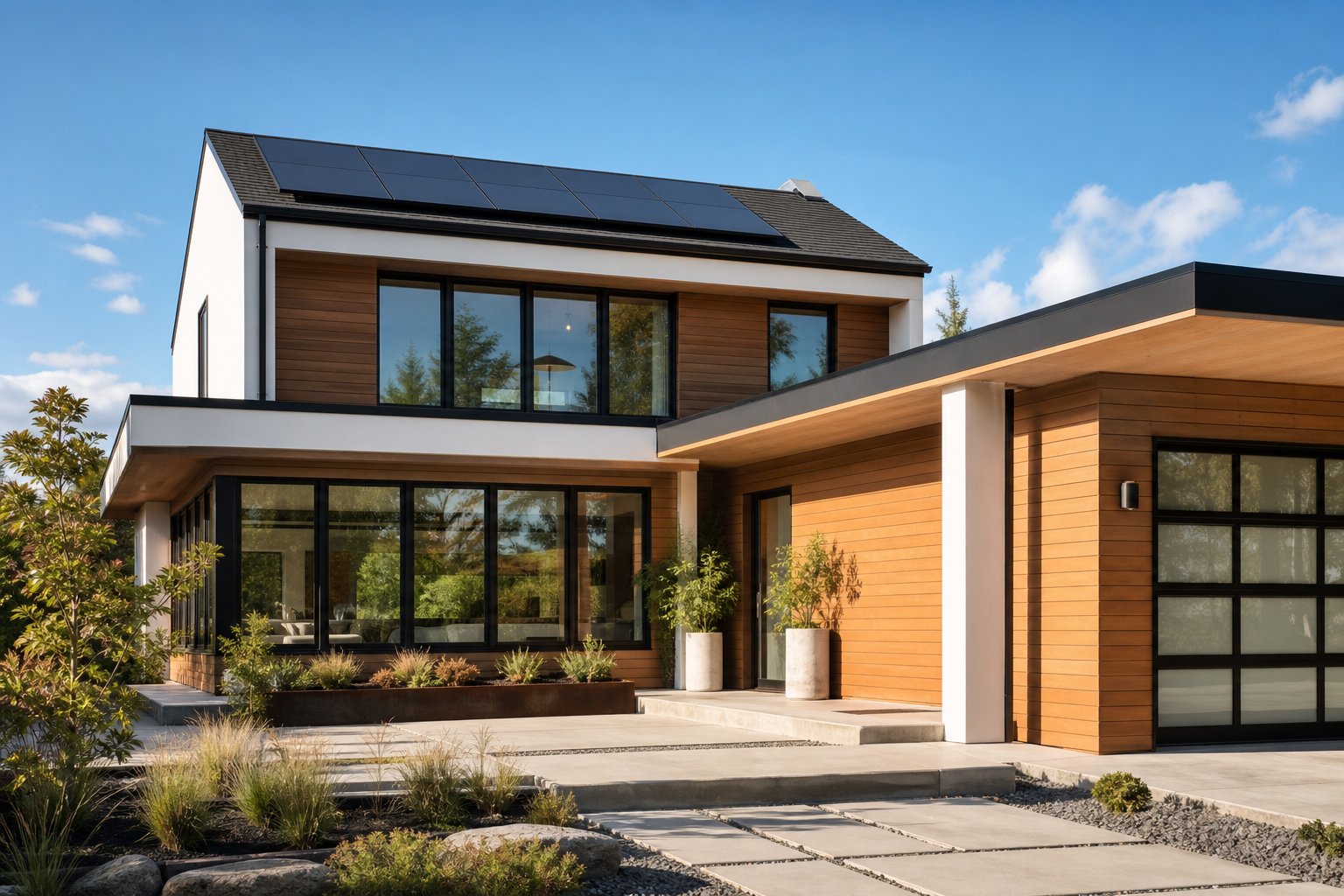 Modern sustainable home with a clean roofline