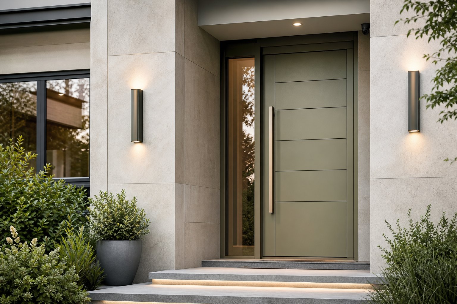 Refined modern home entry with subtle security details